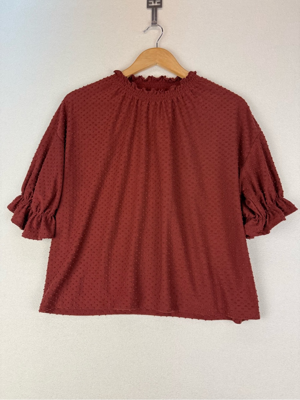 Madewell Texture and Thread Textured Ruffle Neck Top 1/2 Sleeve Rust